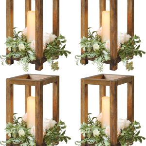 4 Pack Wooden Lanterns Wedding Centerpiece Candle Lantern Table Decorative Indoor Lantern Bulk Rustic Wedding Decoration Wood Farmhouse Lantern Decor Candle Holders Country Barn Party