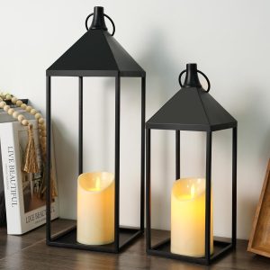 Modern Farmhouse Lantern Decor, 2Pcs Metal Candle Lanterns with Flameless Candles Black Decorative Lantern for Front Porch Covered Patio Dining Table Entryway Table Wedding Home Decor